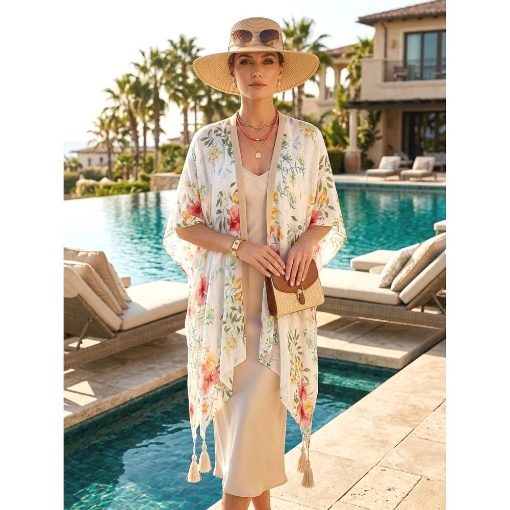 Spartina 449 Linen Floral Kimono River House Wrap O/S White Tassels CoverUp Boho